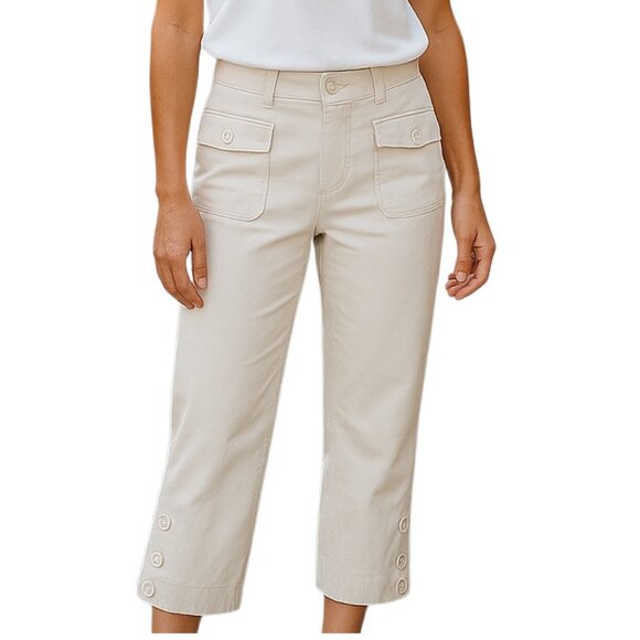 Ann Taylor LOFT Khaki Cropped Pants Button Accents Women's Size 6 - Picture 1 of 9